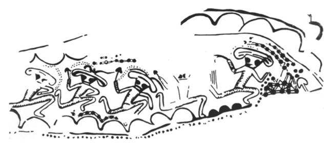 Figures dansantes tenant des champignons, Tin-Tazarift, Tassili, Algérie