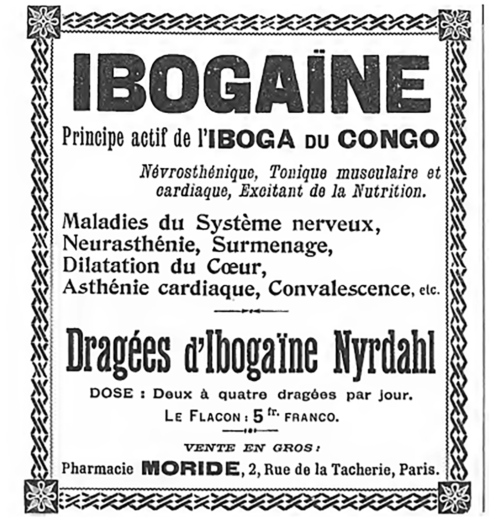 Publicité ancienne pour les Dragées d'ibogaïne Nyrdahl, présentées comme le principe actif de l'iboga du Congo.