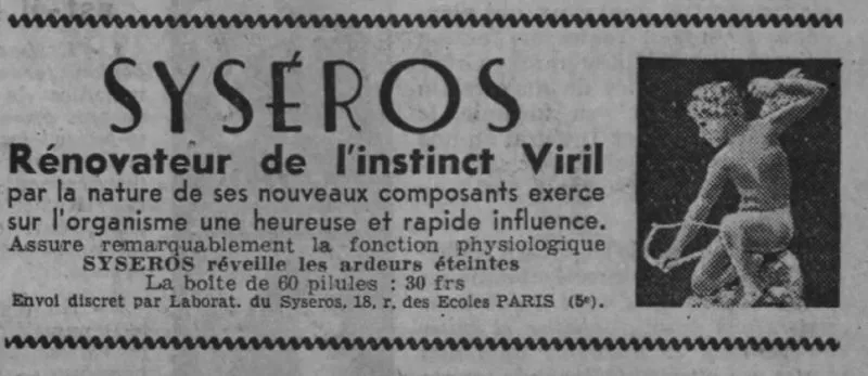 Publicité ancienne pour le produit Syséros, présenté comme contenant un dérivé de l'iboga.